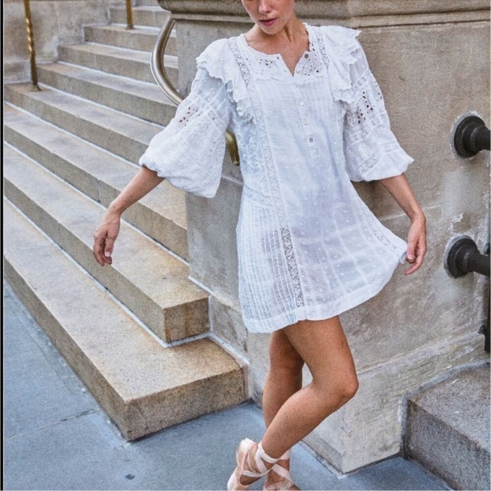 NWT Loveshackfancy Baxter Long Sleeve Cotton Eyelet Mini Dress